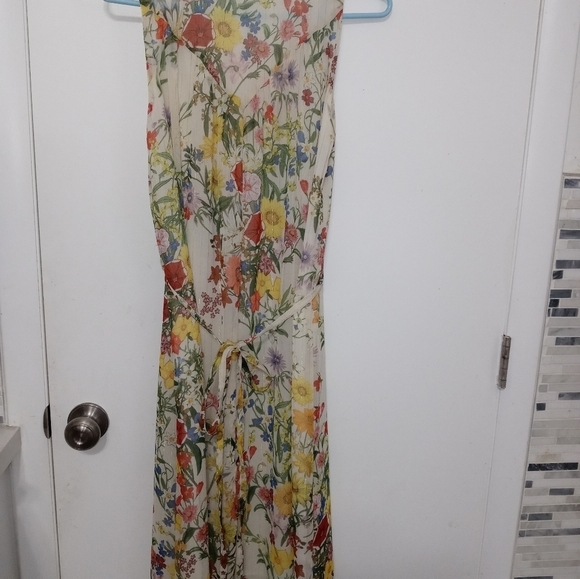 Zara Basic Sleeveless Floral Sheer Lined Midi Dress V neck Gold Shimmer Streaks - Picture 10 of 11